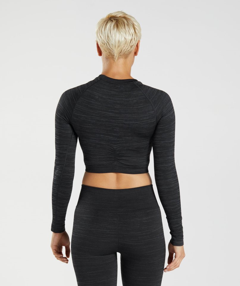 Women's Gymshark Adapt Marl Seamless Long Sleeve Cropped Tops Black | CA A63781